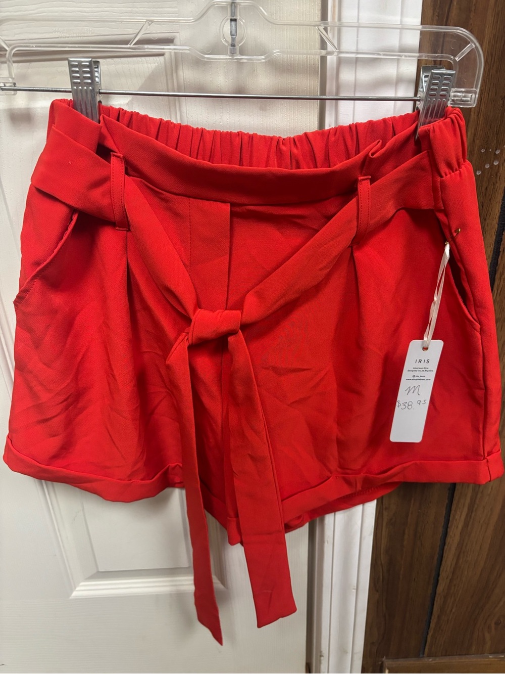 iris Red High-Waist Tie Belt Shorts